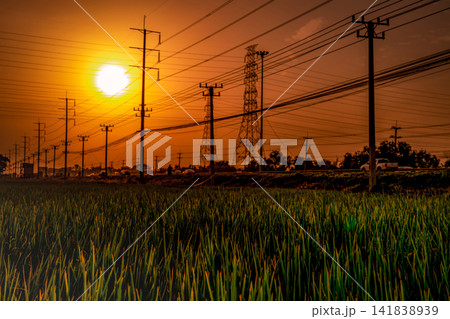 High voltage electric pole and transmission lines at sunset time with orange and red sky and clouds. Architecture. Silhouette electricity pylons during sunset. Power and energy. Energy conservation. High voltage electric pole and transmission lines at sunset time with orange and red sky and clouds. Architecture. Silhouette electricity pylons during sunset. Power and energy. Energy conservation. 141838939
