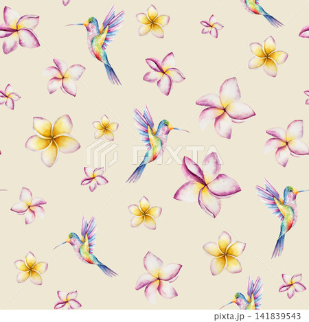 Seamless pattern with blooming frangipani flowers and hummingbirds. Watercolor hand drawn tropical plumeria plant. Isolated botanical illustration on transparent background. Perfect for tropical desig Seamless pattern with blooming frangipani flowers and hummingbirds. Watercolor hand drawn tropical plumeria plant. Isolated botanical illustration on transparent background. Perfect for tropical desig 141839543
