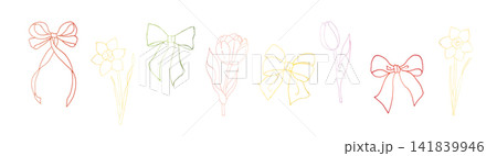 Vector set of bows with long ribbons and tulip, daffodil flowers. Graphic festive gift, spring hand drawn illustration isolated on background. Botanical and wedding, baby clip art. For greeting card, Vector set of bows with long ribbons and tulip, daffodil flowers. Graphic festive gift, spring hand drawn illustration isolated on background. Botanical and wedding, baby clip art. For greeting card, 141839946