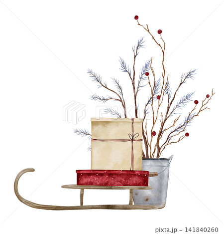 Watercolor illustration of wooden sled carrying gift boxes and metal bucket filled with branches and red berries. For holiday cards, planners. Hand drawn Christmas decor or winter holiday. Watercolor illustration of wooden sled carrying gift boxes and metal bucket filled with branches and red berries. For holiday cards, planners. Hand drawn Christmas decor or winter holiday. 141840260