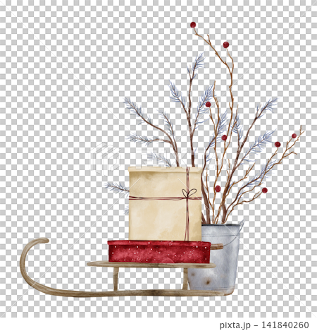 Watercolor illustration of wooden sled carrying gift boxes and metal bucket filled with branches and red berries. For holiday cards, planners. Hand drawn Christmas decor or winter holiday. Watercolor illustration of wooden sled carrying gift boxes and metal bucket filled with branches and red berries. For holiday cards, planners. Hand drawn Christmas decor or winter holiday. 141840260
