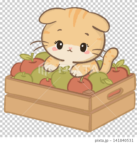 Cute Kawaii Orange Tabby Cat Sitting in a Wooden Crate Filled with Red and Green Apples Autumn Harvest Illustration Cute Kawaii Orange Tabby Cat Sitting in a Wooden Crate Filled with Red and Green Apples Autumn Harvest Illustration 141840531