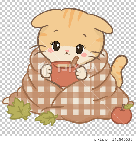 Cute Kawaii Orange Tabby Cat Wrapped in a Cozy Gingham Blanket Drinking a Warm Autumn Drink Fall Illustration 141840539