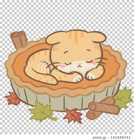 Cute Kawaii Orange Tabby Cat Sleeping in a Cozy Pumpkin Bed with Autumn Leaves and Cinnamon Sticks Illustration Cute Kawaii Orange Tabby Cat Sleeping in a Cozy Pumpkin Bed with Autumn Leaves and Cinnamon Sticks Illustration 141840541