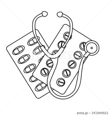 pills blister pack and stethoscope, Pharmacy composition hand drawn illustration. Vector graphic line art. First aid kit. Design for package, cosmetic, textile, cards. 141840922