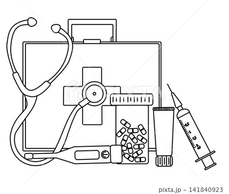 Pharmacy composition hand drawn illustration. Vector graphic line art. case, stethoscope, pills, thermometer, syringe Banner, poster, wrapping paper, sticker, print, modern textile design. Pharmacy composition hand drawn illustration. Vector graphic line art. case, stethoscope, pills, thermometer, syringe Banner, poster, wrapping paper, sticker, print, modern textile design. 141840923