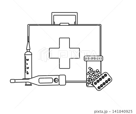 Pharmacy composition hand drawn illustration. Vector graphic line art. case, stethoscope, pills, thermometer, syringe Banner, poster, wrapping paper, sticker, print, modern textile design. Pharmacy composition hand drawn illustration. Vector graphic line art. case, stethoscope, pills, thermometer, syringe Banner, poster, wrapping paper, sticker, print, modern textile design. 141840925