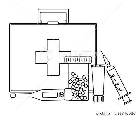 Pharmacy composition hand drawn illustration. Vector graphic line art. case, stethoscope, pills, thermometer, syringe Banner, poster, wrapping paper, sticker, print, modern textile design. 141840926