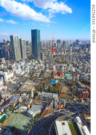 東京都港区、東京タワーと麻布台ヒルズ森JPタワーの風景 141842258