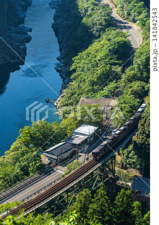 小歩危峡沿いを走るJR土讃線の特急列車 小歩危峡沿いを走るJR土讃線の特急列車 141842543