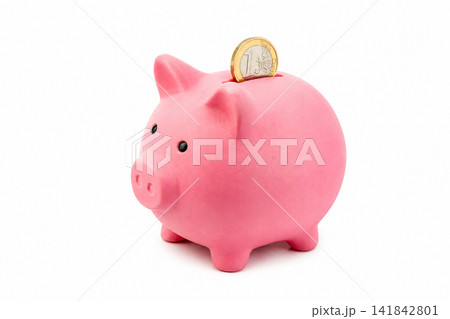 Pink Piggy Bank with Euro Coin Isolated on White Background Pink Piggy Bank with Euro Coin Isolated on White Background 141842801