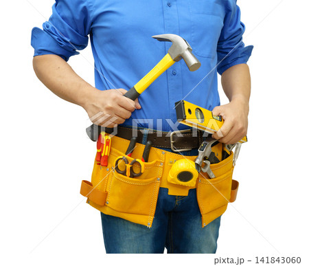 Male builder worker with tool belt pocket at waist. Male builder worker with tool belt pocket at waist. 141843060