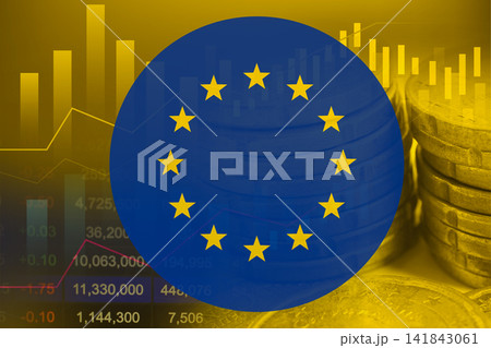 EU flag on stock investment trading with coin and graph. EU flag on stock investment trading with coin and graph. 141843061