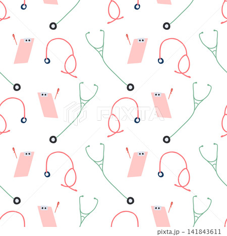 Stethoscope and medical tablet seamless pattern. Simple cartoon pattern with medical tools. Vector background for a medical center, clinic, print, web design. White background.  141843611