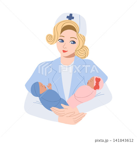 Midwife holding a babies in her arms. Vector hand drawn illustration. International Midwife Day. A smiling female doctor holds a newborn baby.  141843612