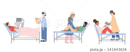 Pregnant women at the maternity hospital. Cartoon set of illustrations with midwives and patients. Healthcare medical concept. Vector drawing with medical theme on white background. Pregnant women at the maternity hospital. Cartoon set of illustrations with midwives and patients. Healthcare medical concept. Vector drawing with medical theme on white background. 141843626