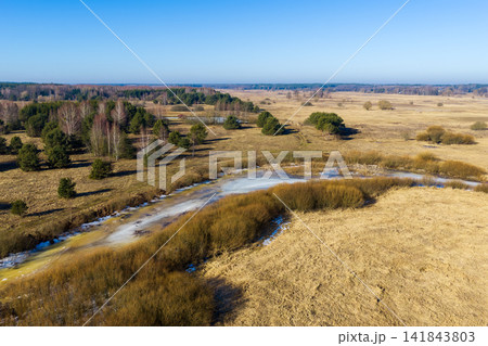 Narew Valley wetlands with partially frozen river 141843803