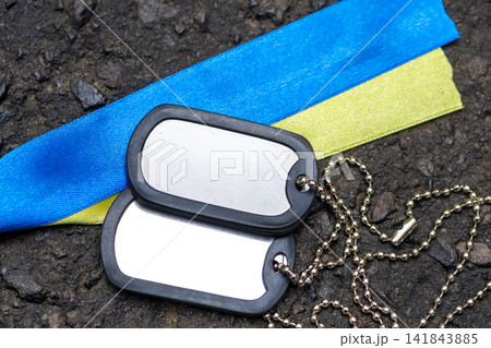 Blank military dog tags on blue and yellow ribbon background Blank military dog tags on blue and yellow ribbon background 141843885
