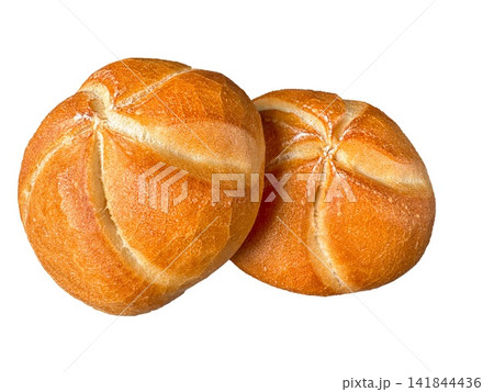 Two fresh Kaiser rolls have golden crust and classic star scored tops isolated on transparent background. Traditional bakery buns are ready for breakfast, sandwiches, restaurant menus and food images. Two fresh Kaiser rolls have golden crust and classic star scored tops isolated on transparent background. Traditional bakery buns are ready for breakfast, sandwiches, restaurant menus and food images. 141844436