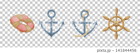一幅以海洋為主題的水彩插畫,畫中描繪了錨和救生圈。 一幅以海洋為主題的水彩插畫,畫中描繪了錨和救生圈。 141844456
