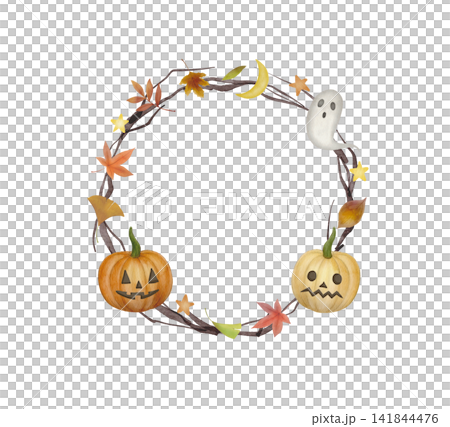 Halloween pumpkin and fallen leaf wreath Halloween pumpkin and fallen leaf wreath 141844476