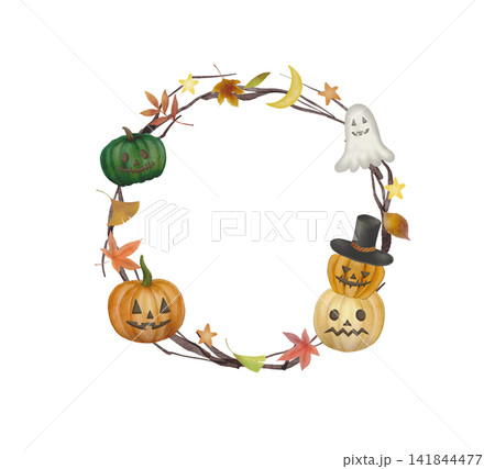 ハロウィンかぼちゃと枯れ葉のリース ハロウィンかぼちゃと枯れ葉のリース 141844477