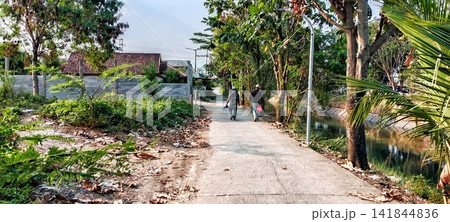 Riverside village path with pedestrians and shady trees 141844836