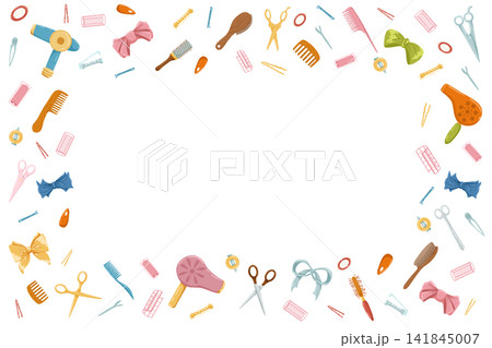 Hairdressing tools square frame. Retro hair dryers, hairbrushes, scissors. Cartoon hand drawn vector  illustration. White background. Place for text.  Cute print design for beauty salon. 141845007