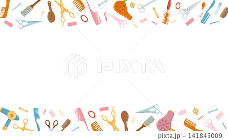 Hairdressing tools horizontal frame. Retro hair dryers, hairbrushes, scissors. Cartoon hand drawn vector illustration. Clipping mask. White background. Cute print design for beauty salon. Hairdressing tools horizontal frame. Retro hair dryers, hairbrushes, scissors. Cartoon hand drawn vector illustration. Clipping mask. White background. Cute print design for beauty salon. 141845009