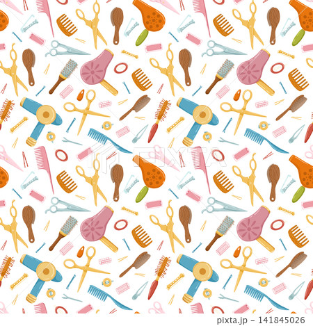 Hairdressing tools seamless pattern. Vector hair combs, scissors, hair clips, hair drier ornament. Cartoon hand drawn vector illustration in retro doodle style. White background. Hairdressing tools seamless pattern. Vector hair combs, scissors, hair clips, hair drier ornament. Cartoon hand drawn vector illustration in retro doodle style. White background. 141845026