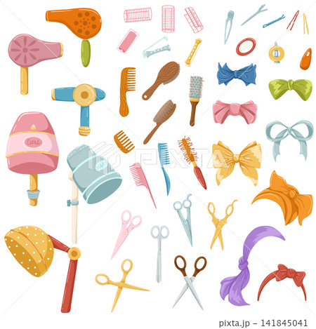 Hairdressing tool kit for beauty salon. Vector cartoon illustration in 50s style for hair care. Retro combs, scissors, curlers, hair accessories, hair dryers and other items. Isolated icons on white Hairdressing tool kit for beauty salon. Vector cartoon illustration in 50s style for hair care. Retro combs, scissors, curlers, hair accessories, hair dryers and other items. Isolated icons on white 141845041