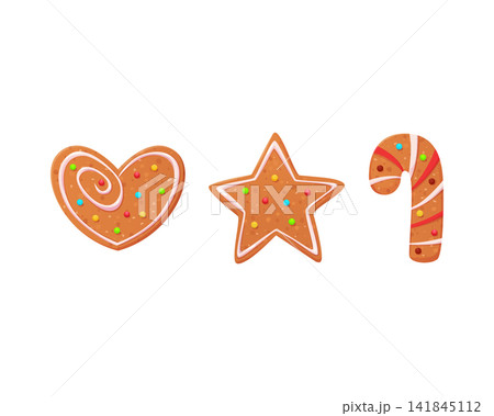 Christmas gingerbread cookies set. Winter Holidays biscuit ginger star, heart and candy. Cute sweet dessert decorated with icing 141845112