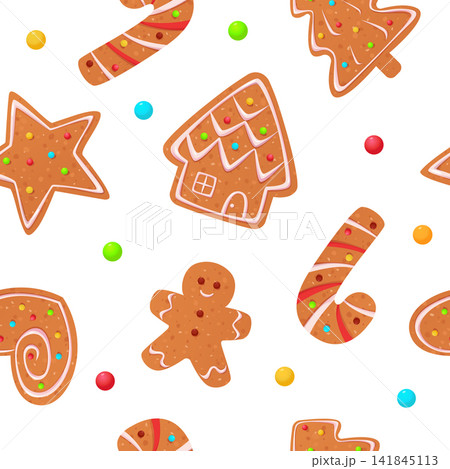 Festive seamless pattern with Gingerbread man, tree, house, star, heart and candy. Christmas background with holidays biscuit with icing 141845113