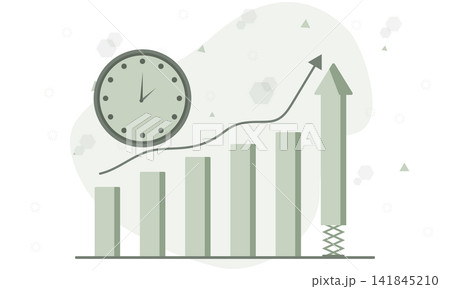 Graph rises upward with arrow and clock Graph rises upward with arrow and clock 141845210