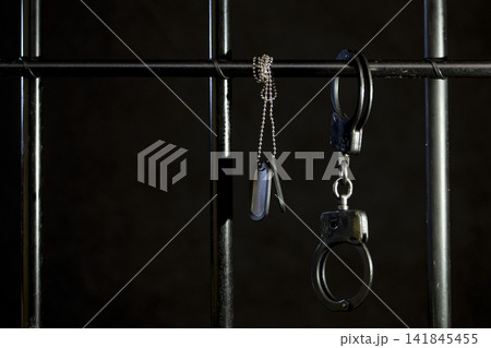 Gloomy composition with symbols of law - judge's gavel and prison elements 141845455