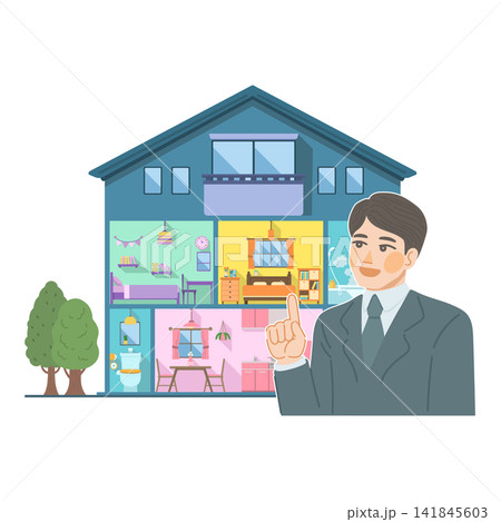 笑顔で戸建て住宅の説明をする、スーツ姿の男性のイラスト 笑顔で戸建て住宅の説明をする、スーツ姿の男性のイラスト 141845603