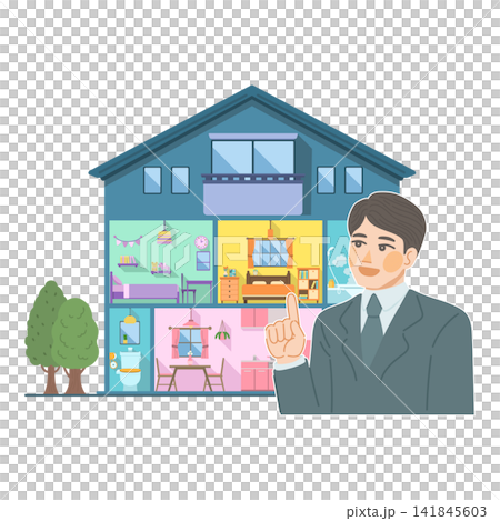 笑顔で戸建て住宅の説明をする、スーツ姿の男性のイラスト 笑顔で戸建て住宅の説明をする、スーツ姿の男性のイラスト 141845603