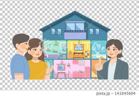 不動産について相談をする女性と男性、それに回答するスーツ姿の女性のイラスト 不動産について相談をする女性と男性、それに回答するスーツ姿の女性のイラスト 141845604