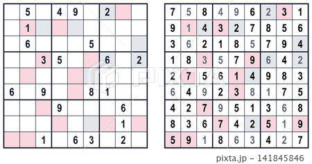 Two Sudoku grids side-by-side: a partially filled puzzle and its solution, featuring pink and grey highlighted cells for guidance. Two Sudoku grids side-by-side: a partially filled puzzle and its solution, featuring pink and grey highlighted cells for guidance. 141845846