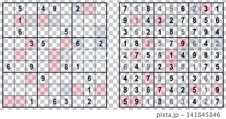 Two Sudoku grids side-by-side: a partially filled puzzle and its solution, featuring pink and grey highlighted cells for guidance. Two Sudoku grids side-by-side: a partially filled puzzle and its solution, featuring pink and grey highlighted cells for guidance. 141845846