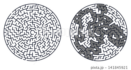Two round mazes side-by-side: an unsolved puzzle on the left and the solved version with the correct path shaded in grey. Two round mazes side-by-side: an unsolved puzzle on the left and the solved version with the correct path shaded in grey. 141845921