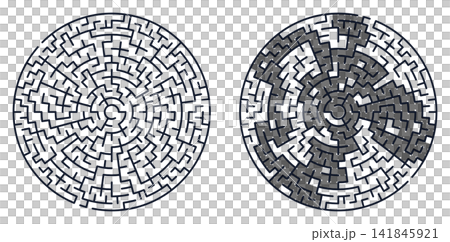 Two round mazes side-by-side: an unsolved puzzle on the left and the solved version with the correct path shaded in grey. Two round mazes side-by-side: an unsolved puzzle on the left and the solved version with the correct path shaded in grey. 141845921