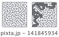 Two side-by-side square mazes: a blank unsolved puzzle on the left and the solved version with a grey highlighted path on the right. 141845934