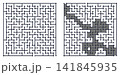 Two complex square mazes side-by-side: a blank puzzle on the left and its solution with a grey path highlighted on the right. 141845935