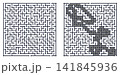 Two complex square mazes: an unsolved puzzle on the left and its solution with the correct path shaded in grey on the right. 141845936