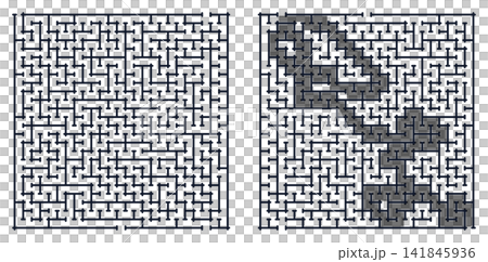 Two complex square mazes: an unsolved puzzle on the left and its solution with the correct path shaded in grey on the right. Two complex square mazes: an unsolved puzzle on the left and its solution with the correct path shaded in grey on the right. 141845936