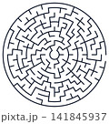 Black and white vector illustration of a complex circular maze puzzle with a central starting point and concentric paths. 141845937