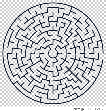 Black and white vector illustration of a complex circular maze puzzle with a central starting point and concentric paths. Black and white vector illustration of a complex circular maze puzzle with a central starting point and concentric paths. 141845937