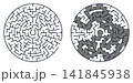 Two circular mazes side-by-side: an unsolved puzzle on the left and its solved version with a grey highlighted path on the right. 141845938
