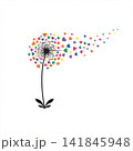 Stylized dandelion illustration with a black stem and colorful hearts blowing away like seeds on a white background. 141845948